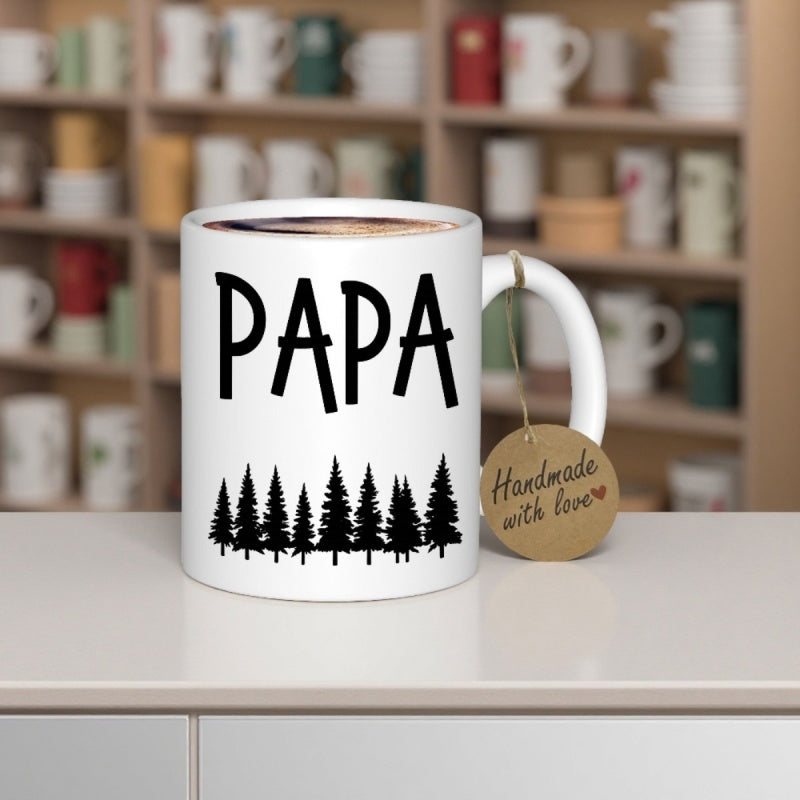 Tailorly White Ceramic 11 oz Mug - Papa Rustic Black Silhouette Of Evergreen Forest Standing Tall And Straight Pine Trees