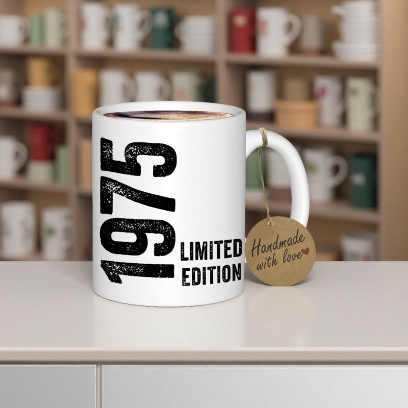Tailorly White Ceramic 11 oz Mug - 1975 Limited Edition Handmade With Love Distressed Vertical Bold Black Font Showing Vintage Texture Effect Number