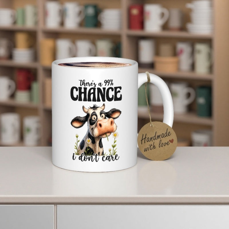 Tailorly White Ceramic 11 oz Mug - There Is A 99 Percent Chance I Don't Care Adorable Spotted Farm Animal Peeking Behind Small Yellow Blooming Wildflower Cow
