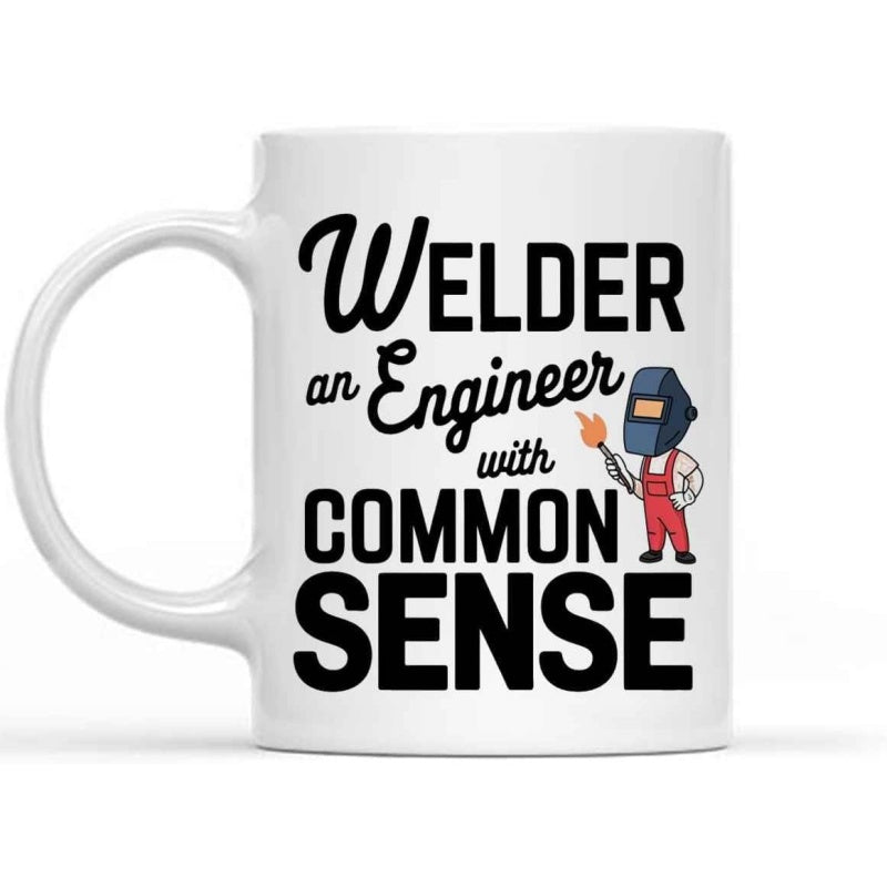 Tailorly White Ceramic 11 oz Mug - Welder An Engineer With Common Sense Cartoon Character Holding Sparkling Torch Wearing Red Professional Overalls Welder