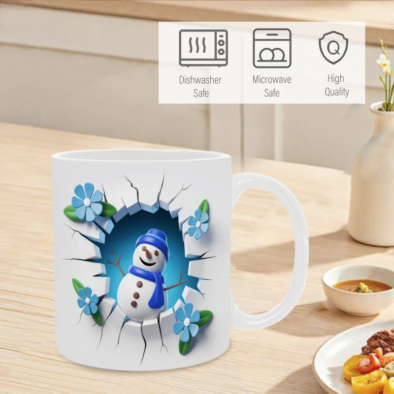 Tailorly White Ceramic 11 oz Mug - Winter Scene Featuring Flowers And Peeking Through Cracked Wall Snowman