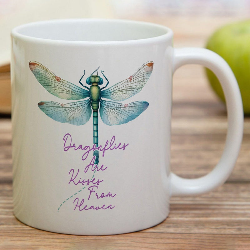Tailorly White Ceramic 11 oz Mug - Dragonflies Are Kisses From Heaven Elegant Blue Winged Insect With Shimmering Translucent Details And Delicate Features
