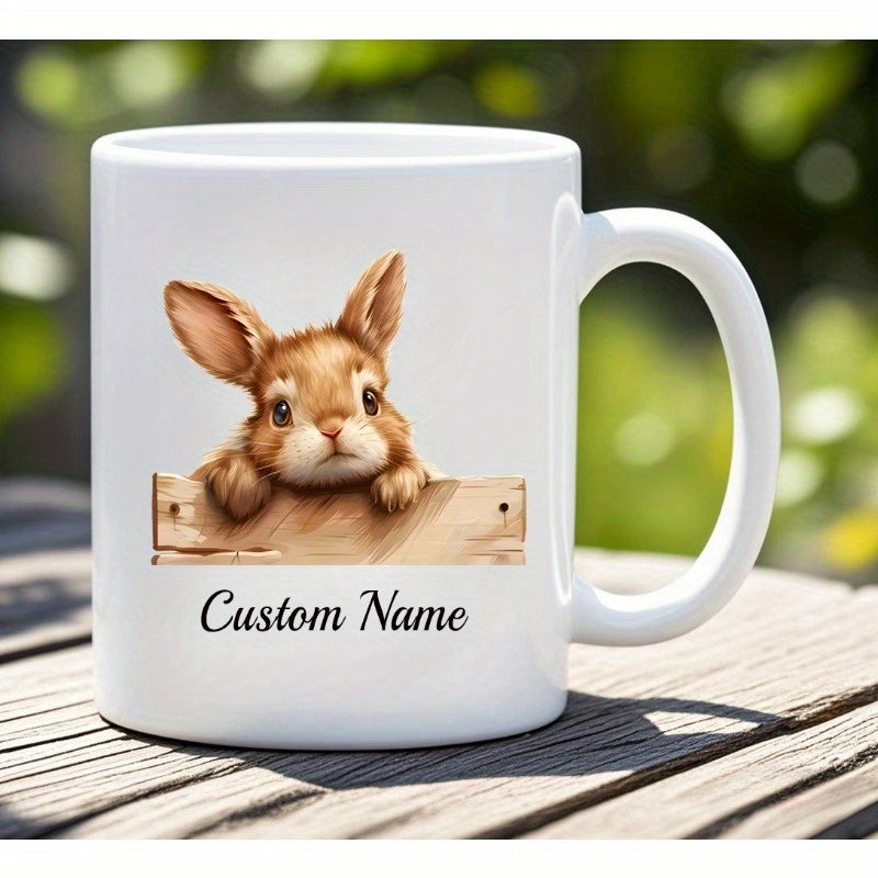 Tailorly White Ceramic 11 oz Mug - Custom Name Adorable Brown Bunny Peeking Over A Rustic Wooden Fence Rabbit