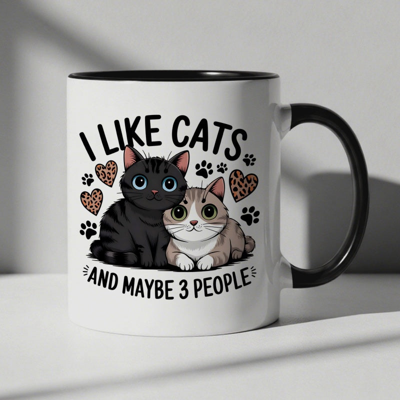 Tailorly Black Accent 11 oz Mug - cute cat kitten， black white tabby tuxedo cats， "I like cats" text， paw print