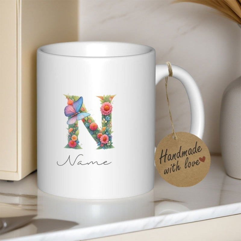 Tailorly White Ceramic 11 oz Mug - Name Elegant Vibrant Floral Pattern Forming Decorative Letter N With Butterfly Alphabet
