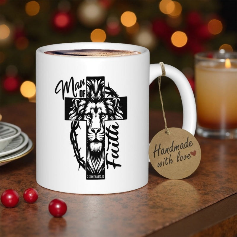 Tailorly White Ceramic 11 oz Mug - Man Of Faith Bold Christian Cross With Thorns Surrounding A Majestic Lion