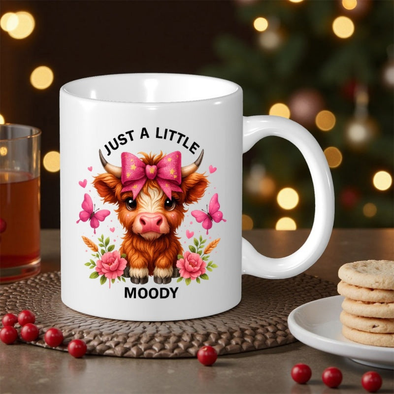 Tailorly White Ceramic 11 oz Mug - Just A Little Moody Furry Highland Cow Wearing Pink Bow Surrounded By Blossoming Roses Cow