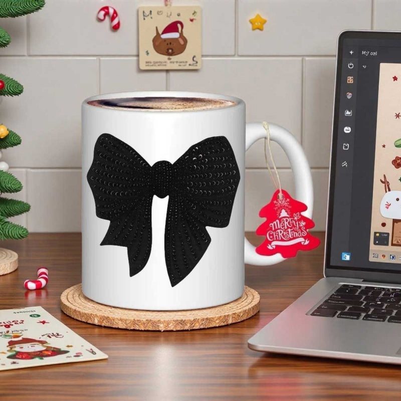 Tailorly White Ceramic 11 oz Mug - Elegant Solid Black Ribbon With Graceful Loops On Bow
