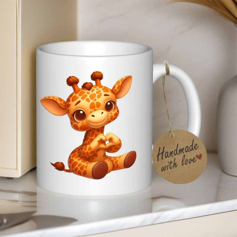 Tailorly White Ceramic 11 oz Mug - Handmade With Love Adorable Little Cartoon Baby Animal Sitting Peacefully Creating Heart Shape Giraffe