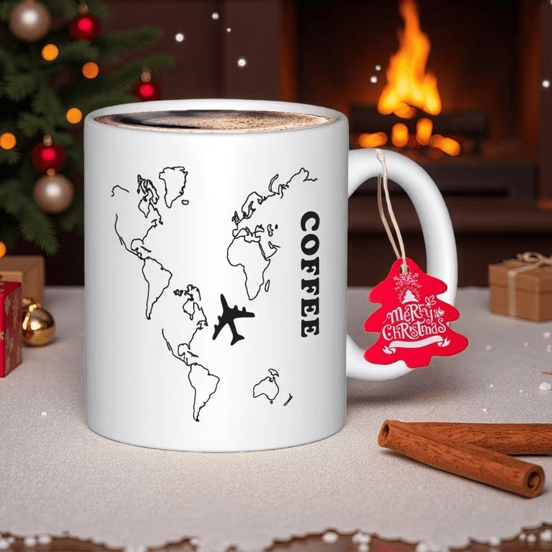 Tailorly White Ceramic 11 oz Mug - Coffee Minimalist Traveling Airplane Flying Over Continents Outline Global World Map