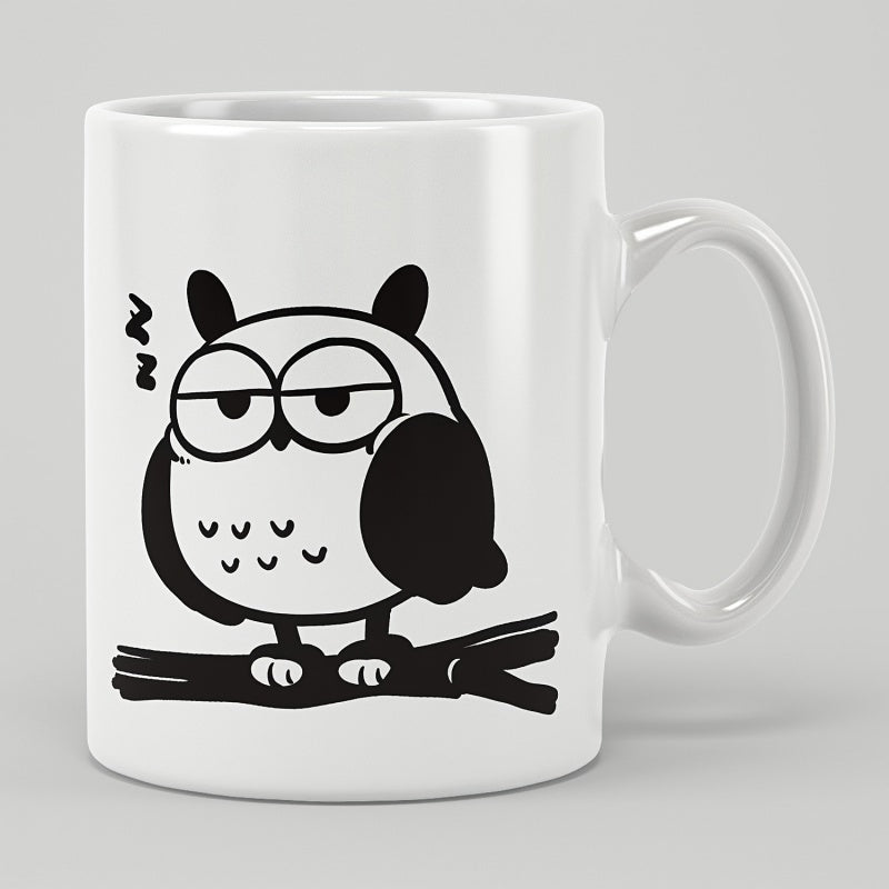 Tailorly White Ceramic 11 oz Mug - Minimalist Black And White Sleepy Cartoon Perched On Branch Owl