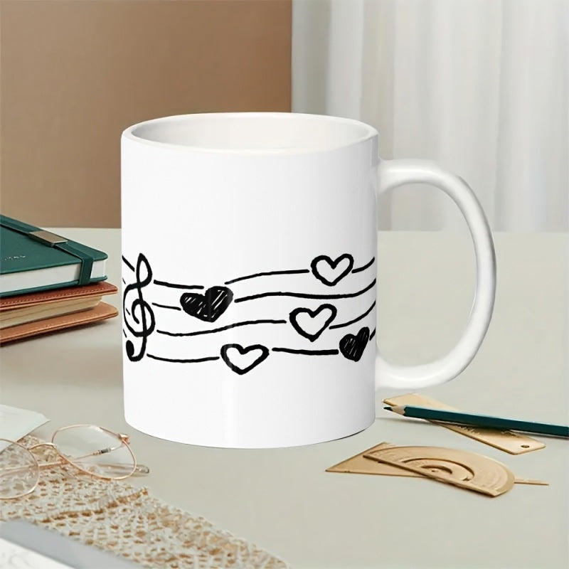 Tailorly White Ceramic 11 oz Mug - Minimalist Hand Drawn Treble Clef Symbol Featuring Small Black Hearts Staff