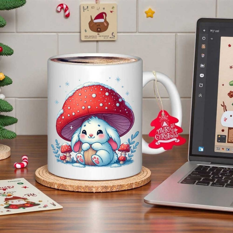Tailorly White Ceramic 11 oz Mug - Whimsical Little Bunny Sitting Quietly Under A Large Red Spotted Mushroom Rabbit