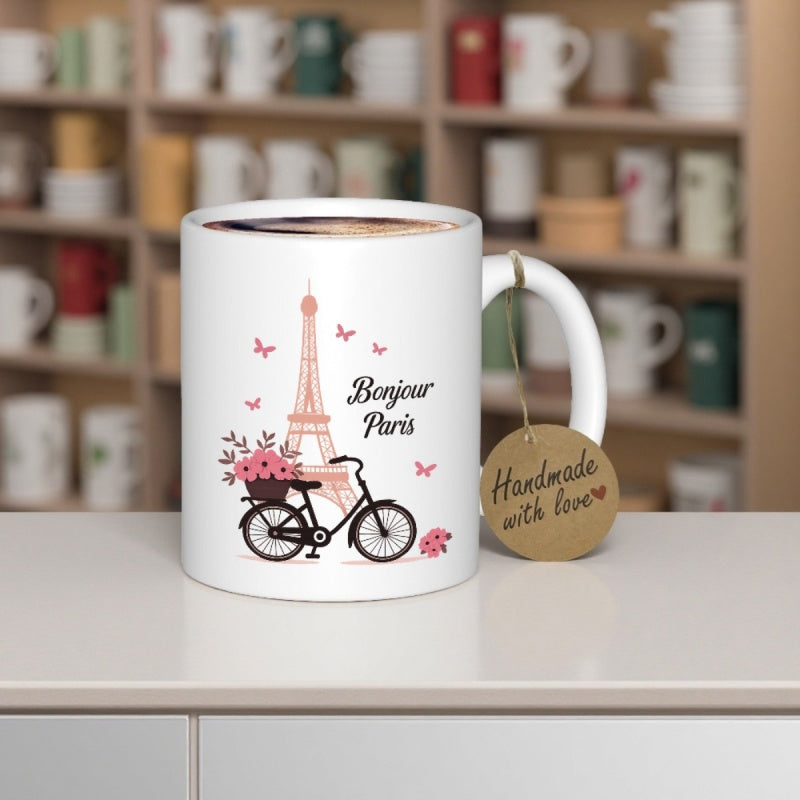 Tailorly White Ceramic 11 oz Mug - Bonjour Paris Elegant Pink Landmark Surrounded By Butterflies And A Flower Laden Bicycle Eiffel Tower