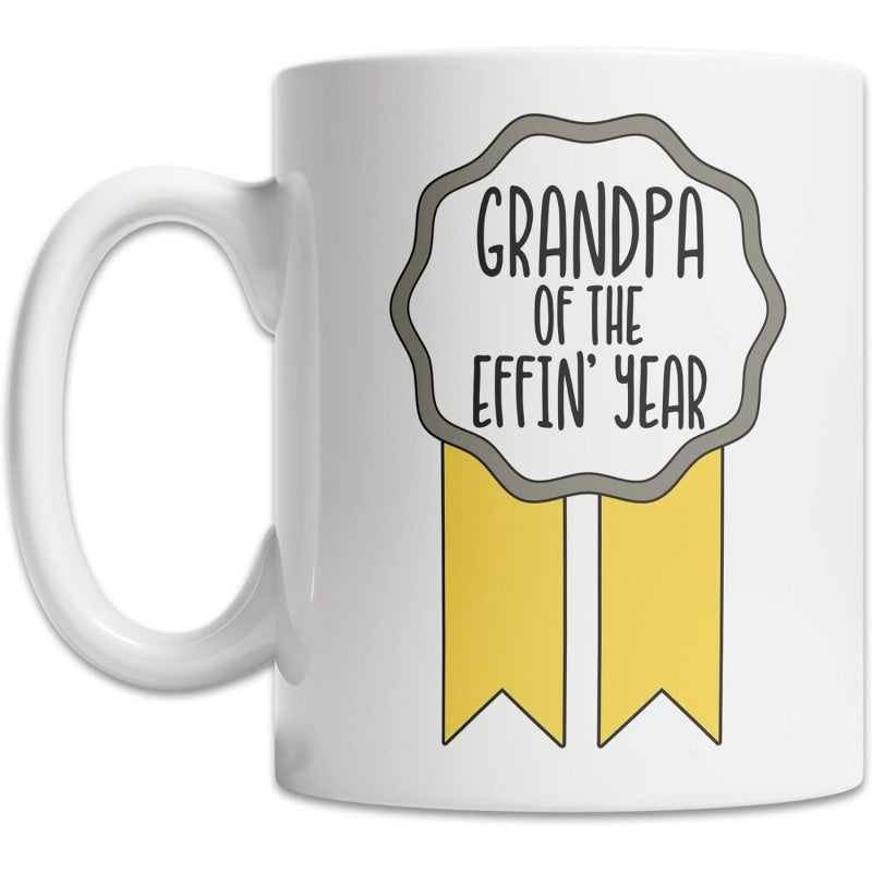 Tailorly White Ceramic 11 oz Mug - Grandpa Of The Effin Year Simplified Award Ribbon With Yellow Streamers Attached To A Grey Medal