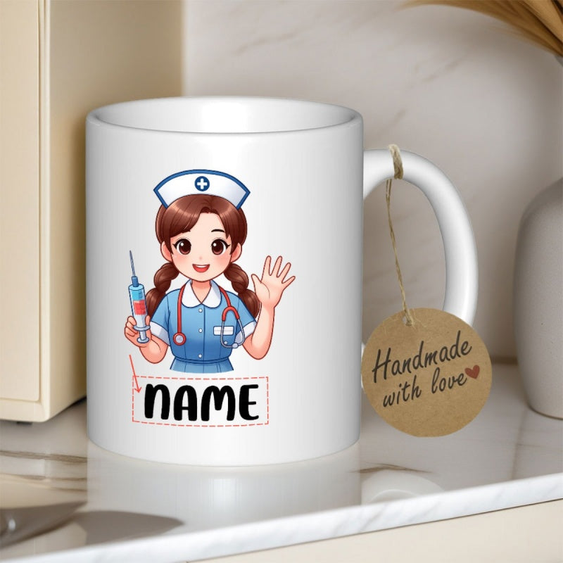 Tailorly White Ceramic 11 oz Mug - Name Cute Medical Professional Wearing Blue Uniform Holding Syringe With Waving Hand Nurse