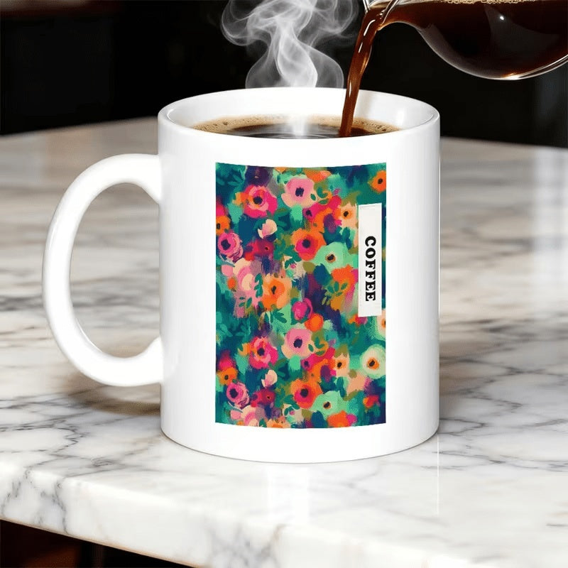 Tailorly White Ceramic 11 oz Mug - Coffee Lush Watercolor Garden With Vibrant Colorful Blooms And Leaves Flower