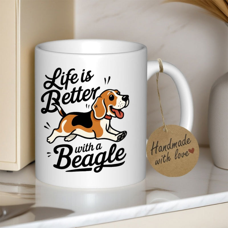 Tailorly White Ceramic 11 oz Mug - Life Is Better With A Beagle Playful Cartoon Hound Running With Happy Expression And Wagging Tail Beagle