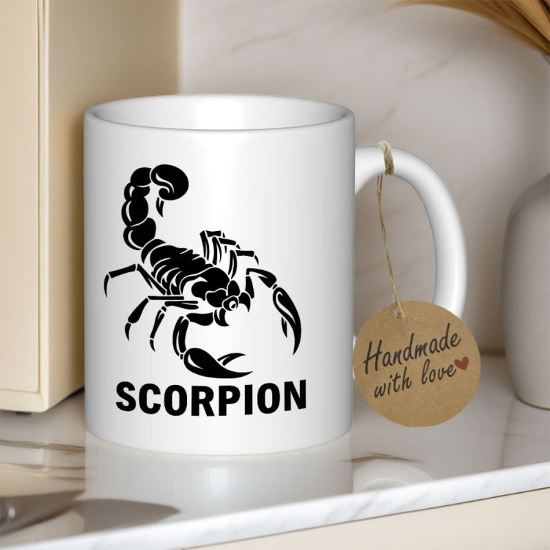 Tailorly White Ceramic 11 oz Mug - Scorpion Intricate Black Tribal Silhouette Of A Stinging Desert Predator Arachnid Scorpion