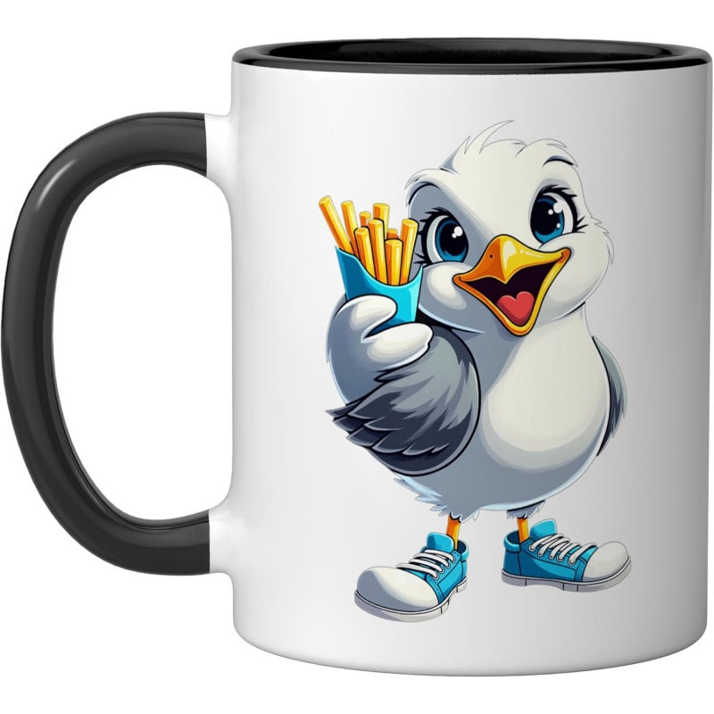 Tailorly Black Accent 11 oz Mug - seagull with fries and sneakers in black and white