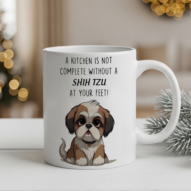 Tailorly White Ceramic 11 oz Mug - A Kitchen Is Not Complete Without A Shih Tzu At Your Feet Adorable Brown And White Puppy Sitting Calmly On The Floor Shih Tzu