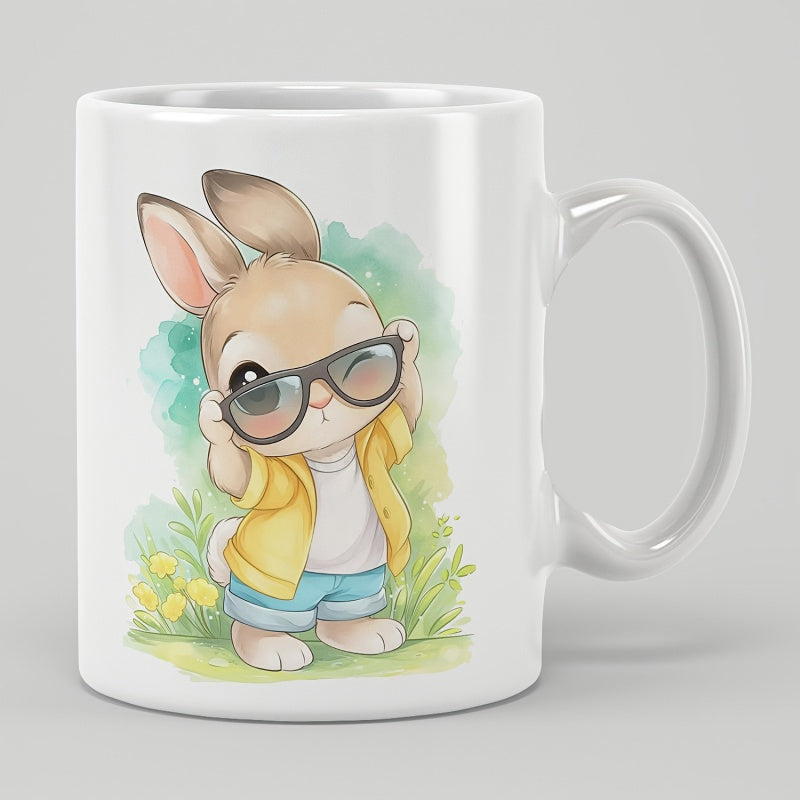 Tailorly White Ceramic 11 oz Mug - Adorable Bunny Wearing Cool Sunglasses Standing Among Summer Meadow Flowers Rabbit