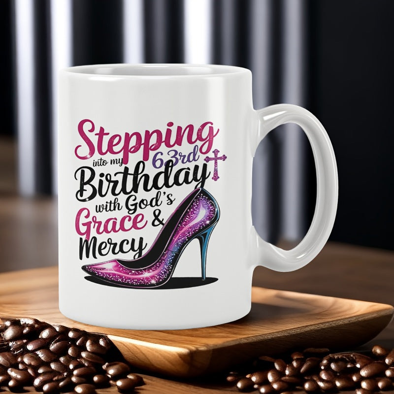 Tailorly White Ceramic 11 oz Mug - Stepping Into My 63rd Birthday With Gods Grace Mercy Sparkling Purple Glitter Stiletto Styled With A Small Religious Cross High