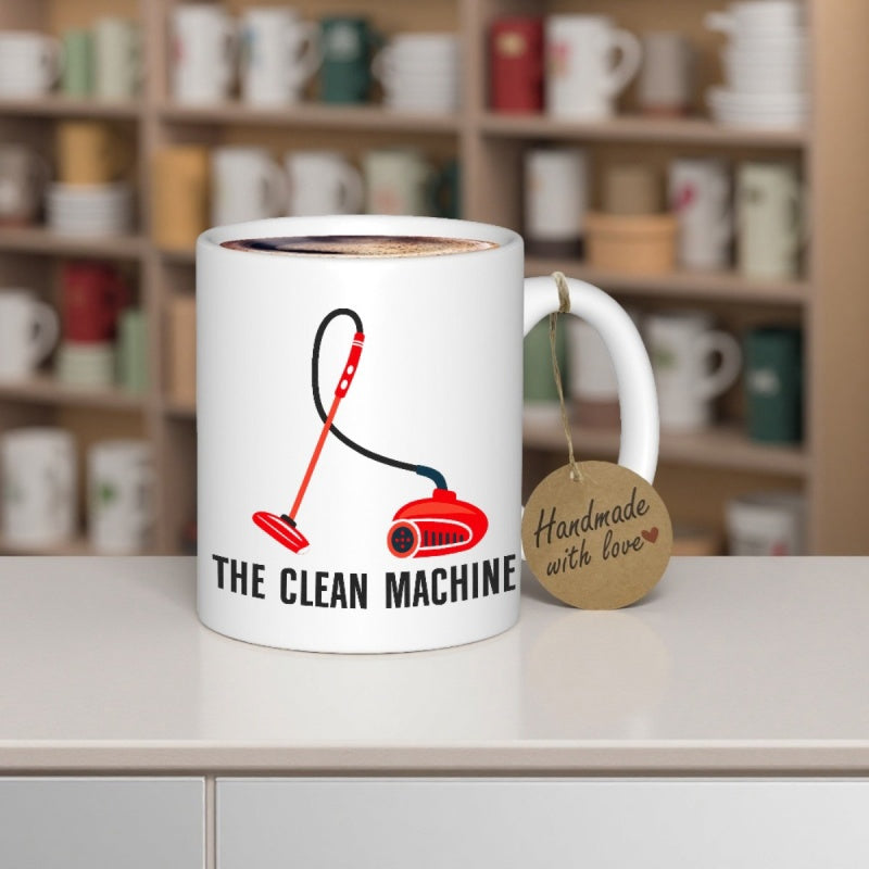 Tailorly White Ceramic 11 oz Mug - The Clean Machine Modern Red Canister Vacuum With Long Black Flexible Hose Vacuum