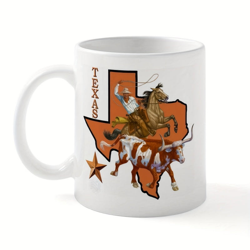 Tailorly White Ceramic 11 oz Mug - Texas Galloping Horse With Brave Cowboy Herding Strong Longhorn Over State Map