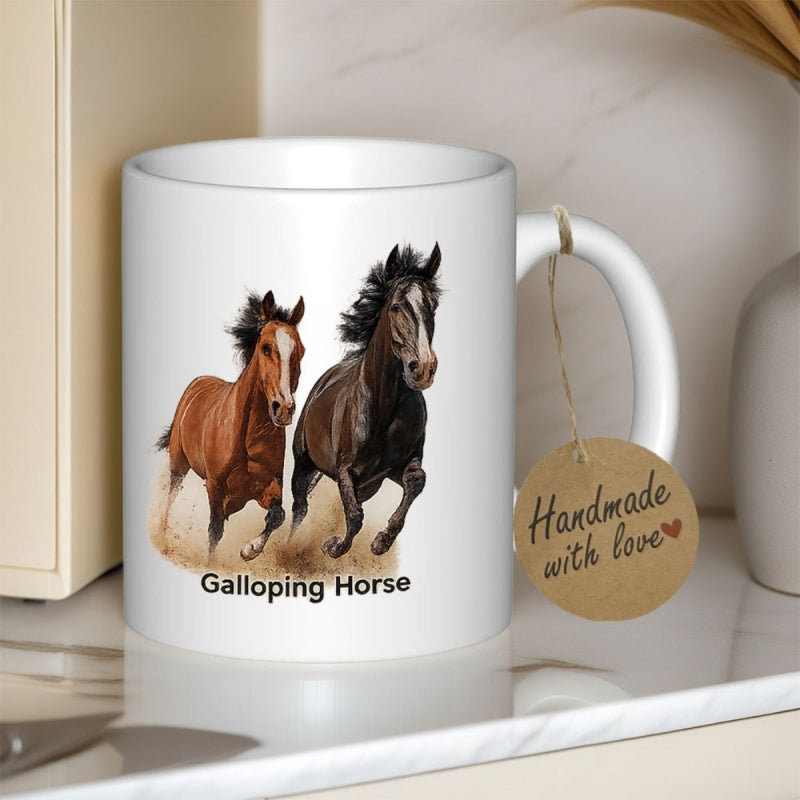 Tailorly White Ceramic 11 oz Mug - Galloping Horse Majestic Stallions Running Wild Across Open Dusty Fields Horse