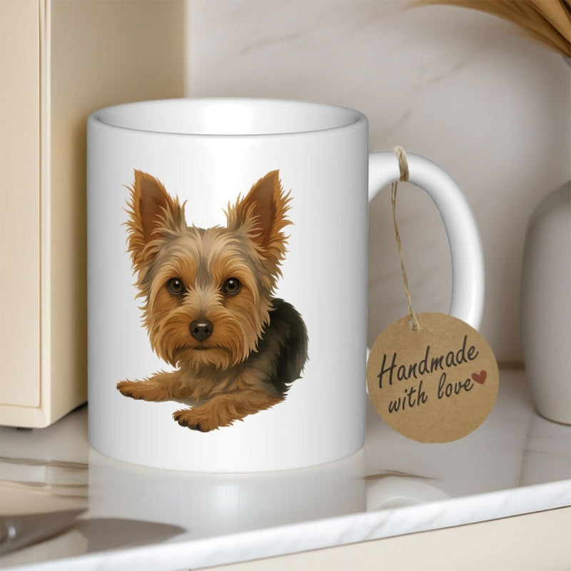 Tailorly White Ceramic 11 oz Mug - Handmade With Love Adorable Small Puppy Resting Quietly On A Clean White Surface Yorkie