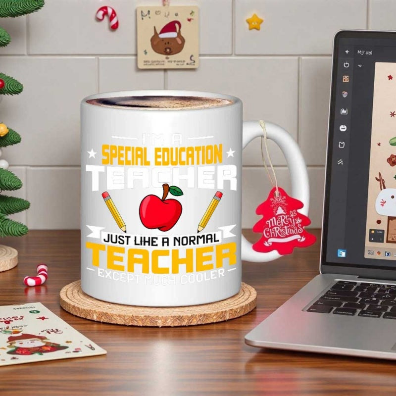 Tailorly White Ceramic 11 oz Mug - Special Education Teacher Just Like A Normal Teacher Except Cooler Vibrant Red Apple Centered Between Two Pencils With