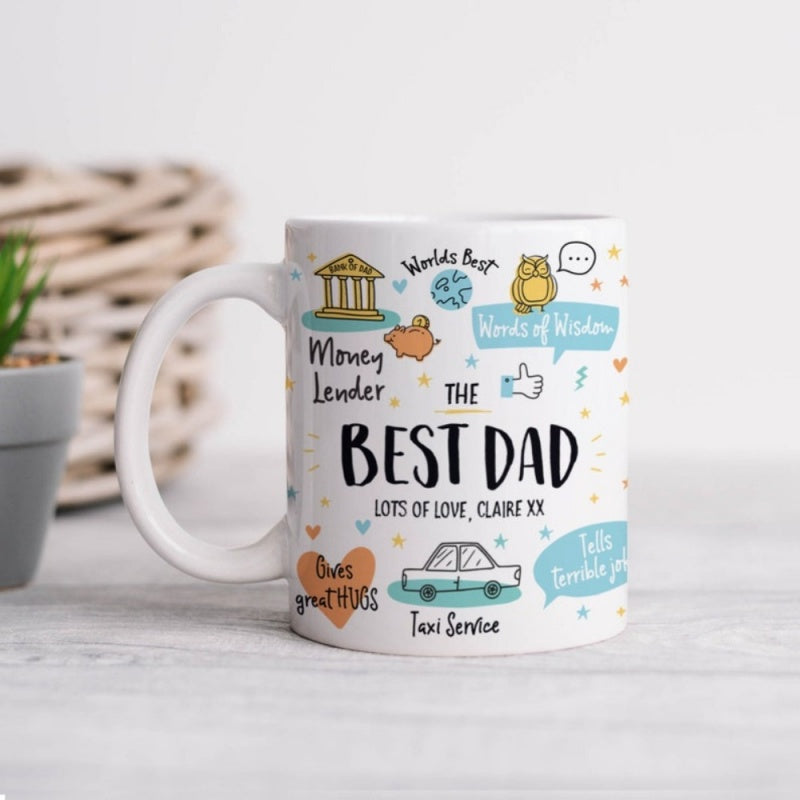 Tailorly White Ceramic 11 oz Mug - The Best Dad Whimsical Hand Drawn Icons Including Car Owl Heart And Speech Bubble Car