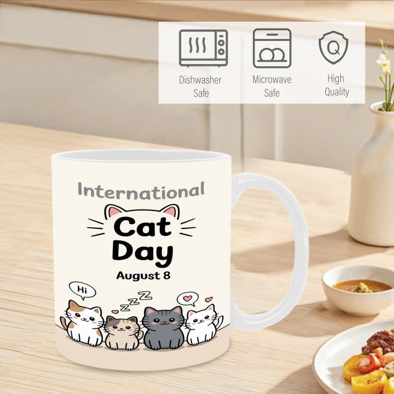 Tailorly White Ceramic 11 oz Mug - International Cat Day August 8 Adorable Four Cartoon Kittens Sitting Closely Together On The Ground Cat