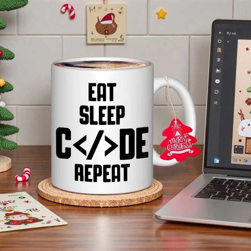 Tailorly White Ceramic 11 oz Mug - Eat Sleep Code Repeat Minimalist Featuring Bold Black Typography Programmer Lifestyle Mug