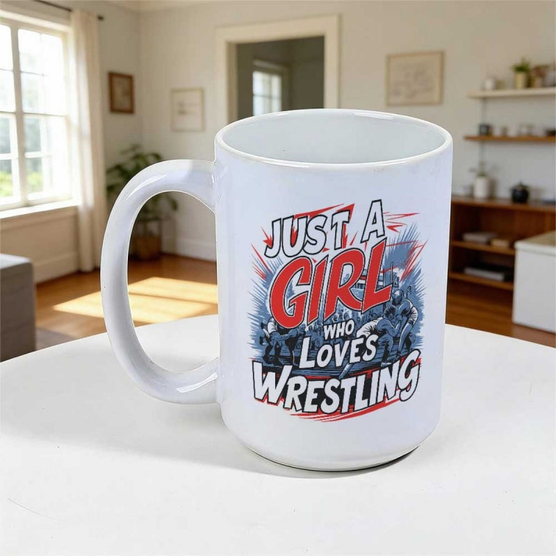 Tailorly White Ceramic 11 oz Mug - Just A Girl Who Loves Wrestling Dynamic Action Silhouettes With Bold Typography Featuring Sporty Red Accents Athlete