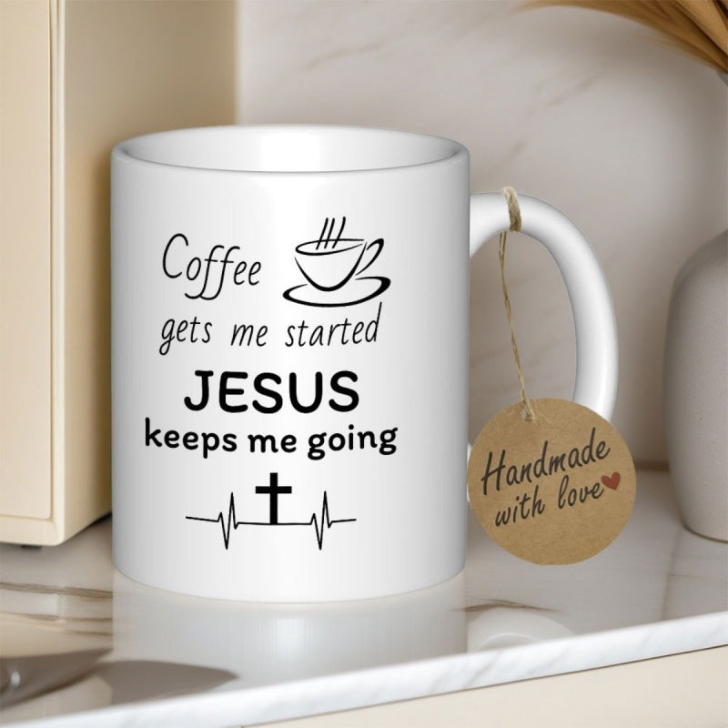 Tailorly White Ceramic 11 oz Mug - Coffee Gets Me Started Jesus Keeps Me Going Simple Line Art With Coffee Cup And Heartbeat Rhythm Cross Mug