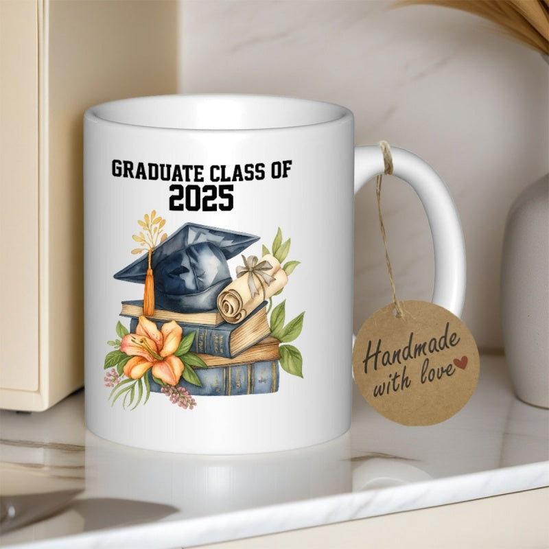 Tailorly White Ceramic 11 oz Mug - Graduate Class Of 2025 Classic Black Graduation Mortarboard Resting On Vintage Books With Elegant Lily Mug