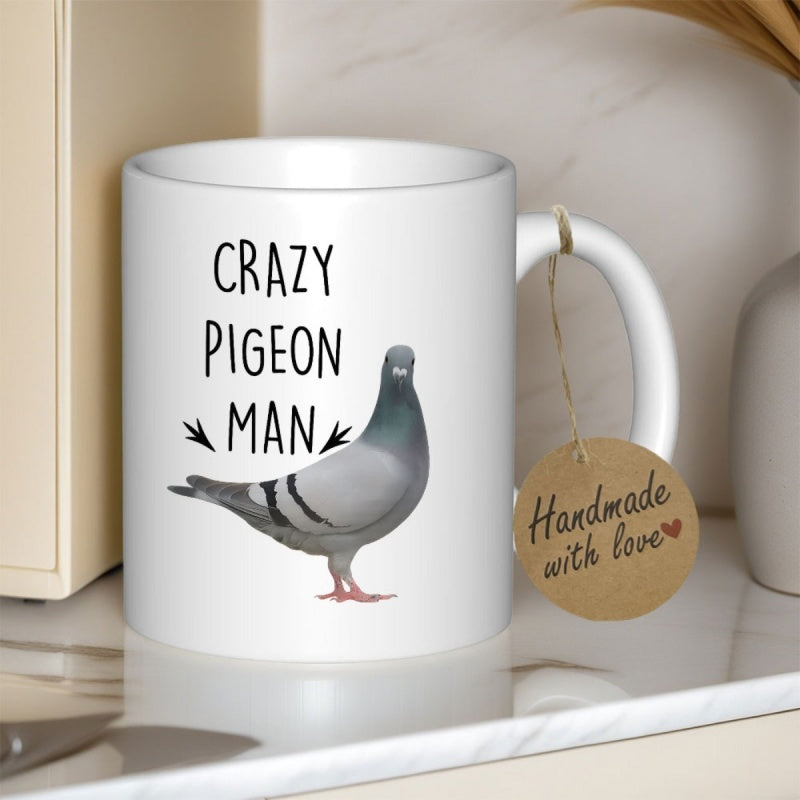 Tailorly White Ceramic 11 oz Mug - Crazy Pigeon Man Majestic Grey Bird With Black Wing Stripes Standing Tall Pigeon