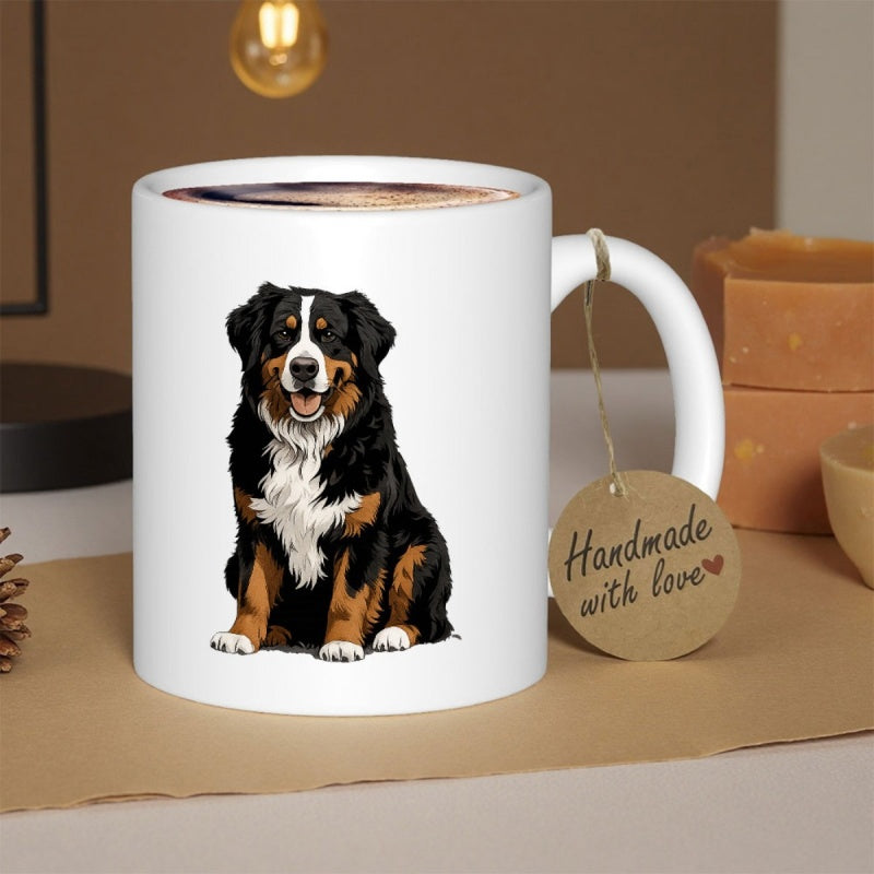 Tailorly White Ceramic 11 oz Mug - Loyal Sitting Furry Canine Featuring Majestic Black And White Patterns Dog