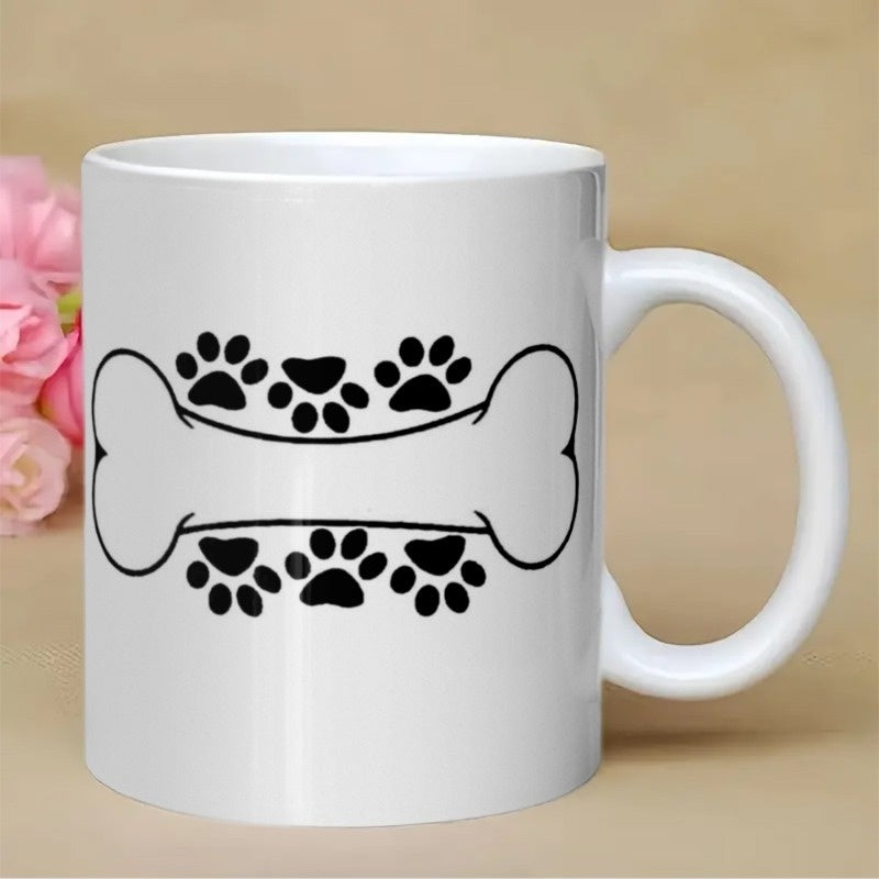 Tailorly White Ceramic 11 oz Mug - Cute Paw Prints Surrounding A Minimalist Black Ink Pet Style Bone
