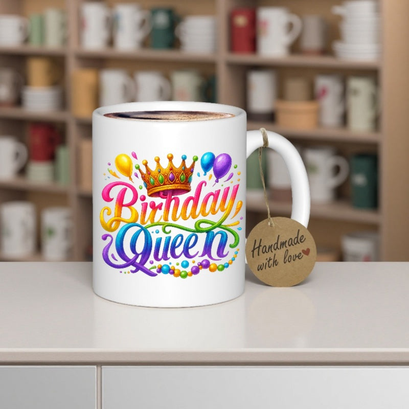 Tailorly White Ceramic 11 oz Mug - Birthday Queen Vibrant Golden Ornament Surrounded By Colorful Balloons And Rainbow Graphics Crown