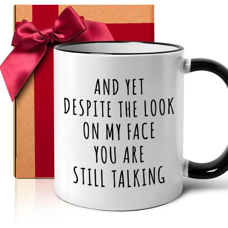 Tailorly Black Accent 11 oz Mug - "you're still talking to coworkers" text