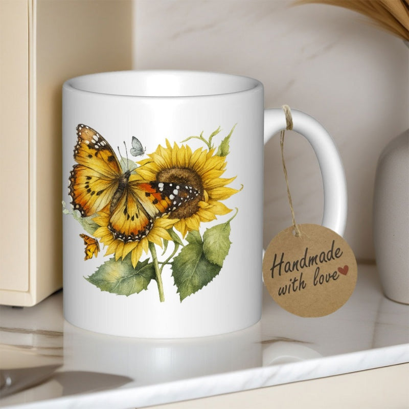 Tailorly White Ceramic 11 oz Mug - Handmade With Love Graceful Orange Butterfly Resting Among Petals Of A Vibrant Yellow Sunflower