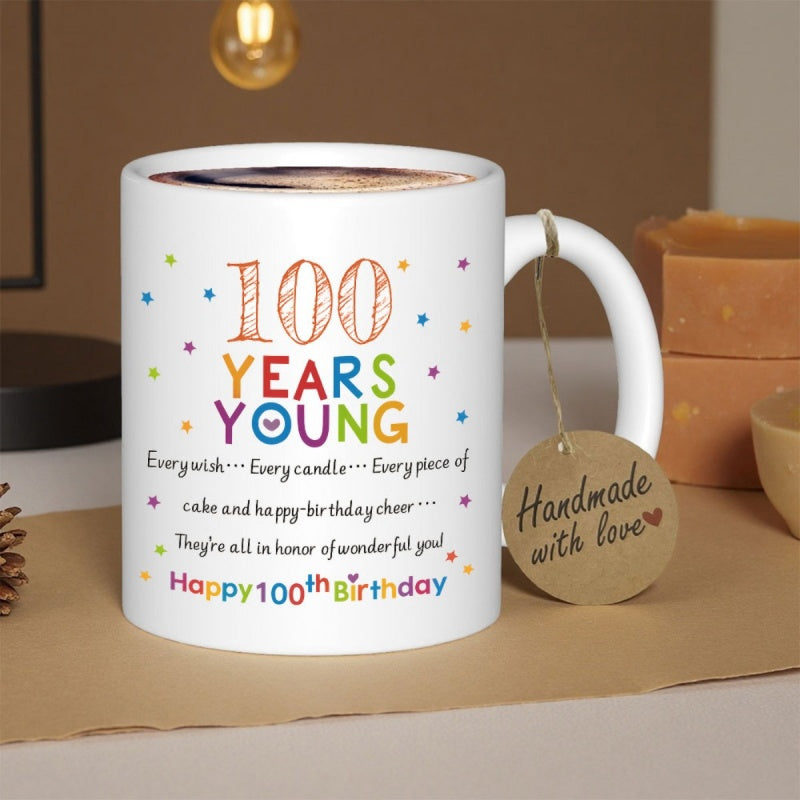 Tailorly White Ceramic 11 oz Mug - 100 Years Young Happy 100th Birthday Colorful Vibrant Confetti Dots Surrounding Festive Celebration Message Mug