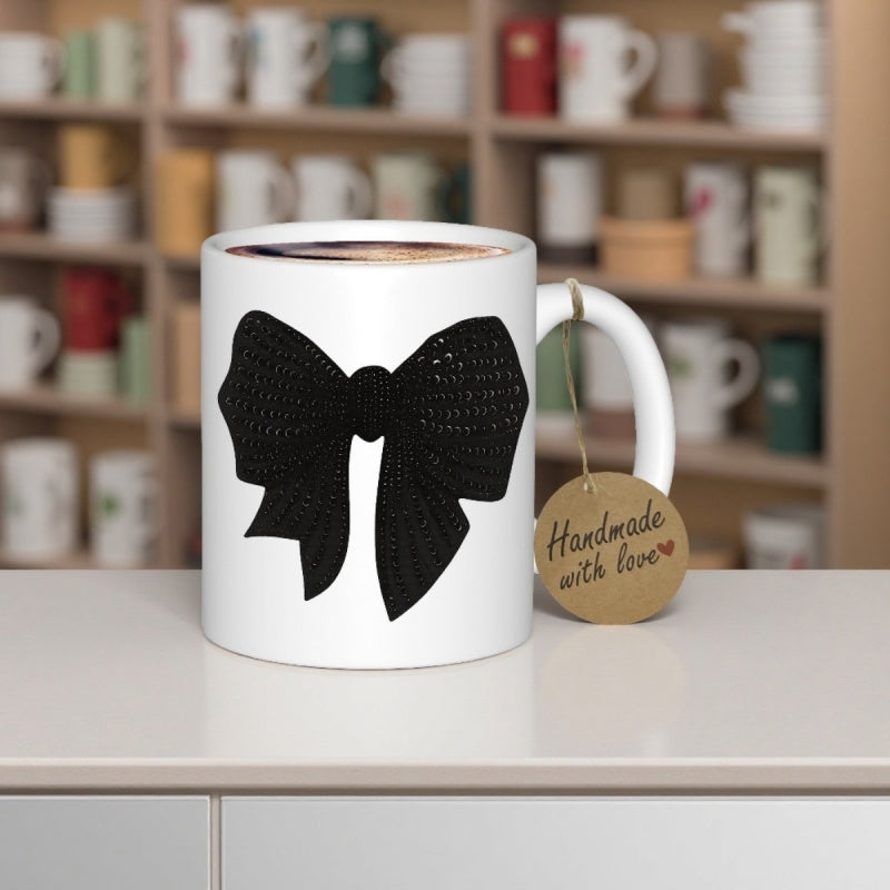 Tailorly White Ceramic 11 oz Mug - Elegant Silhouette With Classic Ribbon Design And Textured Dark Finish Bow