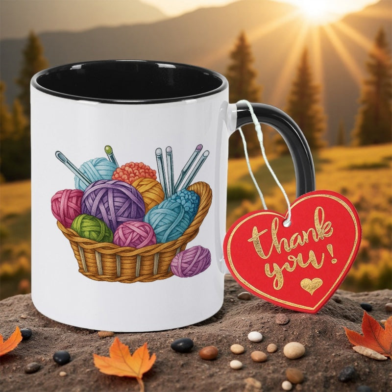 Tailorly Black Accent 11 oz Mug - colorful yarn needles