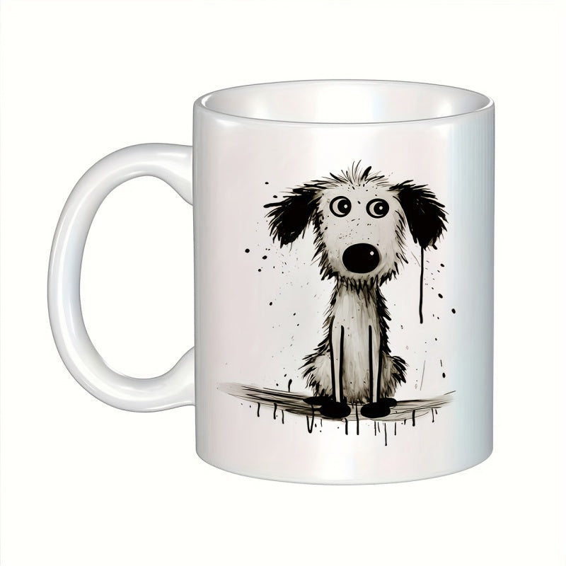 Tailorly White Ceramic 11 oz Mug - Artistic Ink Sketch Of A Cute Small Messy Furry Sitting Dog