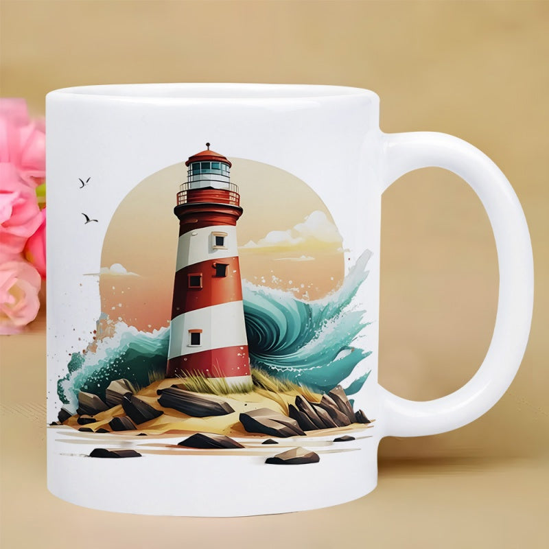Tailorly White Ceramic 11 oz Mug - Red And White Stripes Standing Among Crashing Turquoise Ocean Waves Lighthouse