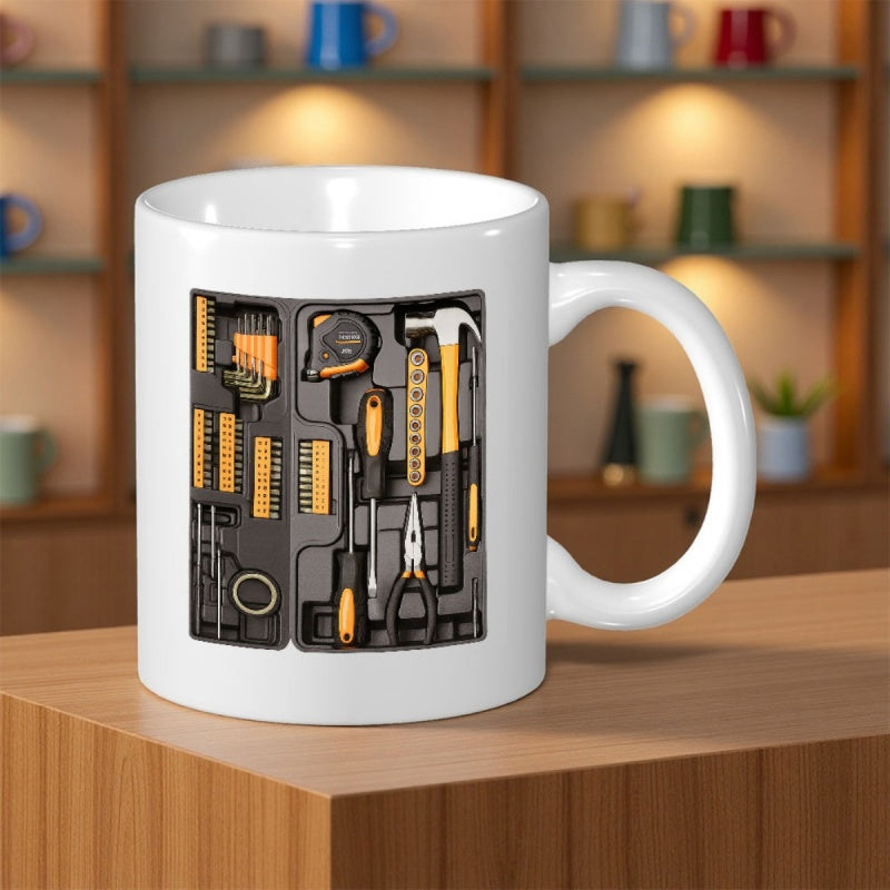 Tailorly White Ceramic 11 oz Mug - Professional Black Hand Tool Kit Set Organized Inside Compact Case Toolbox